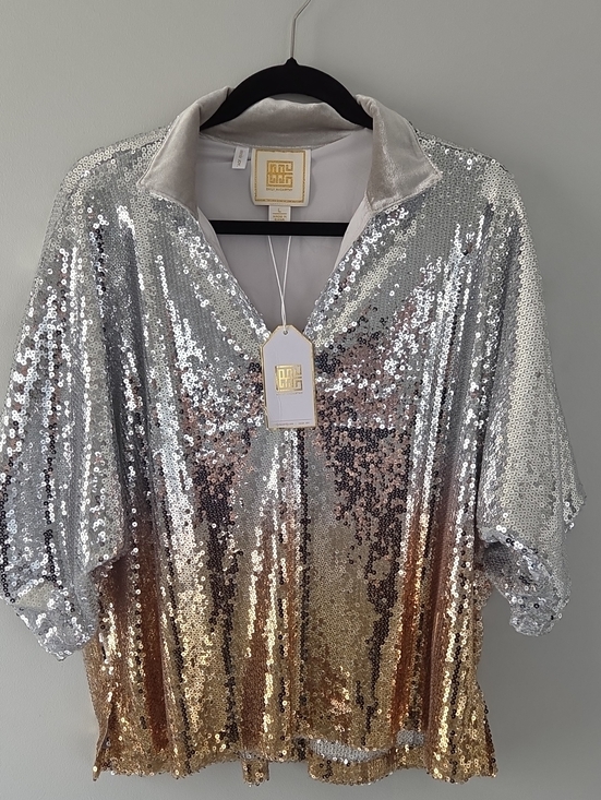 Emily Mccarthy Tops - Sequined Ombre V-Neck Pullover Top by Emily Mccarthy - Silver to Gold